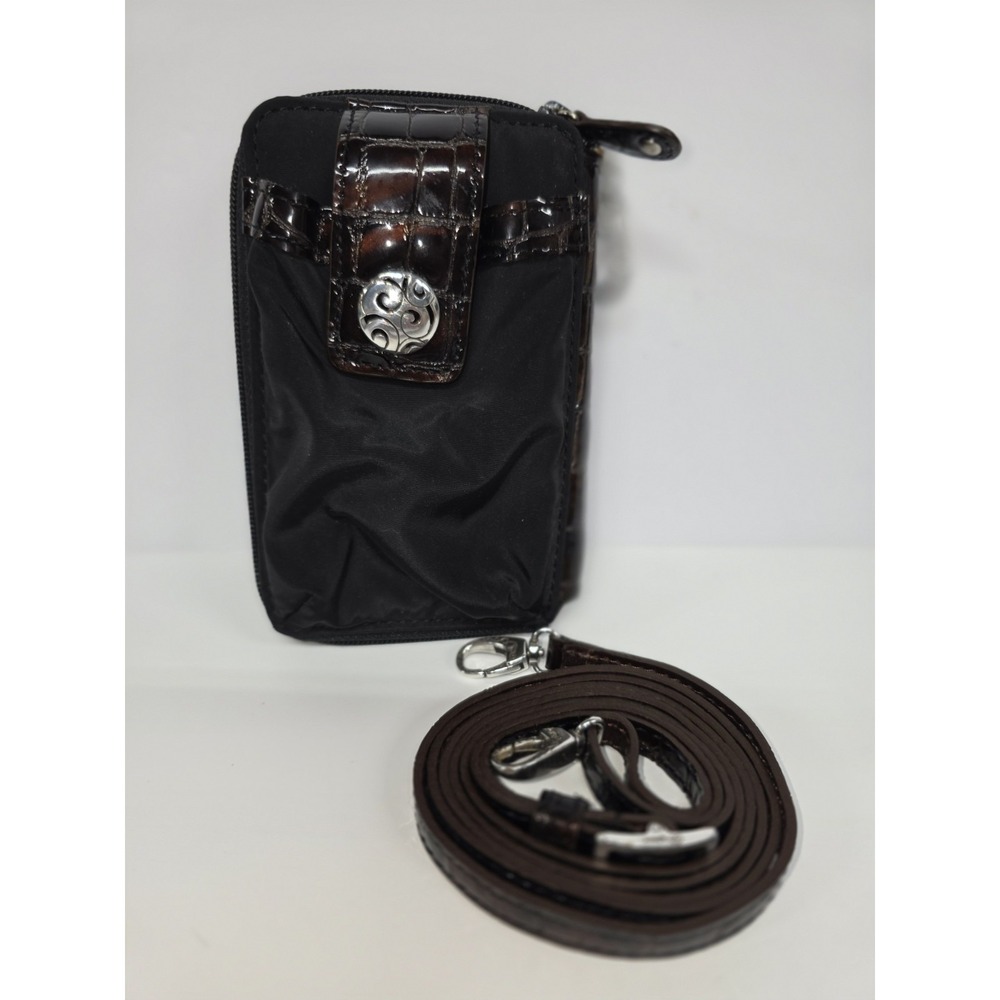 Brighton Black Leather Wallet-Purse Bag Crossbody Silver Tone Metal Hardware